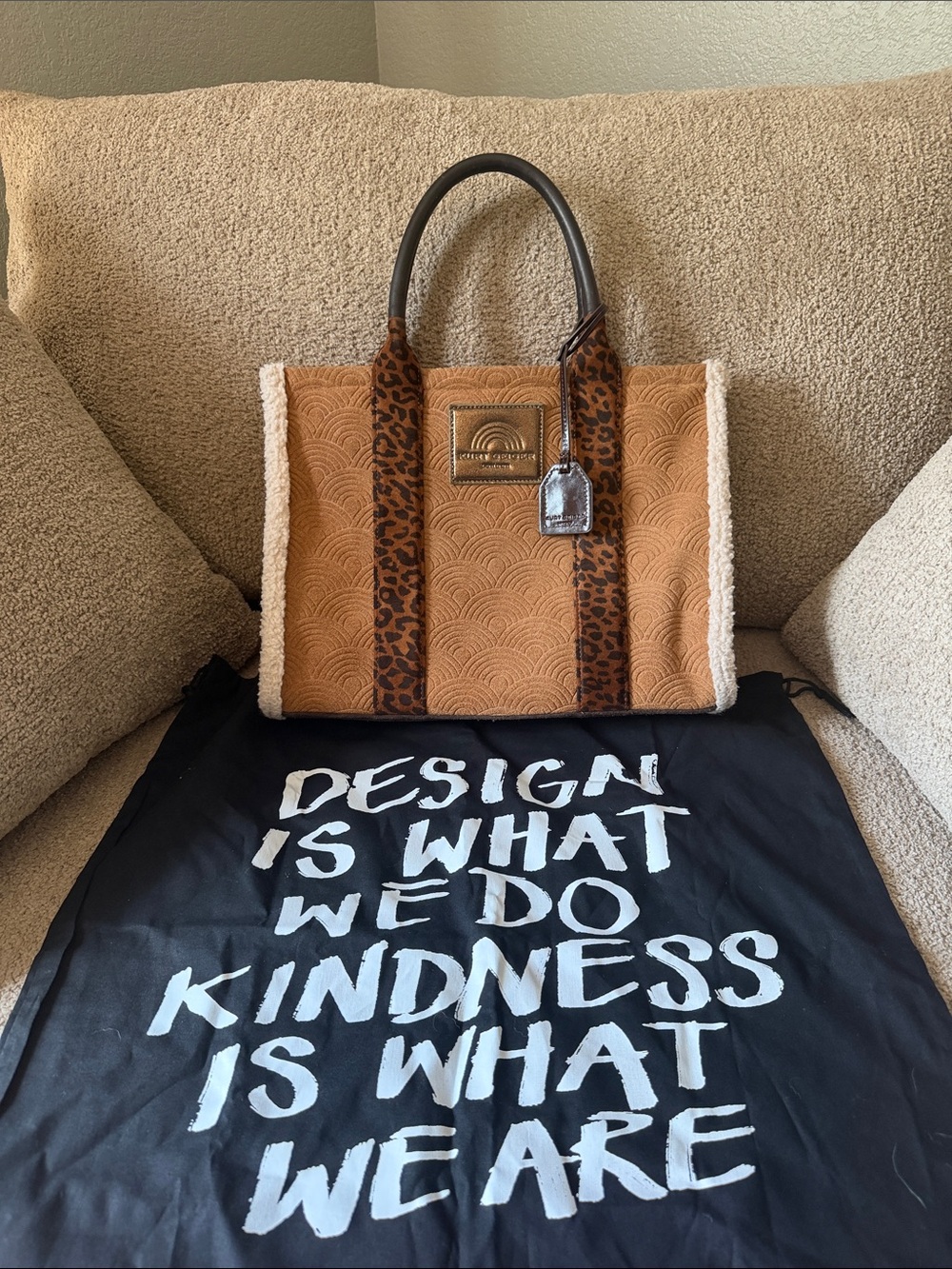 STAUD Tan Shearling-Trim Tote with Leopard-Print Straps